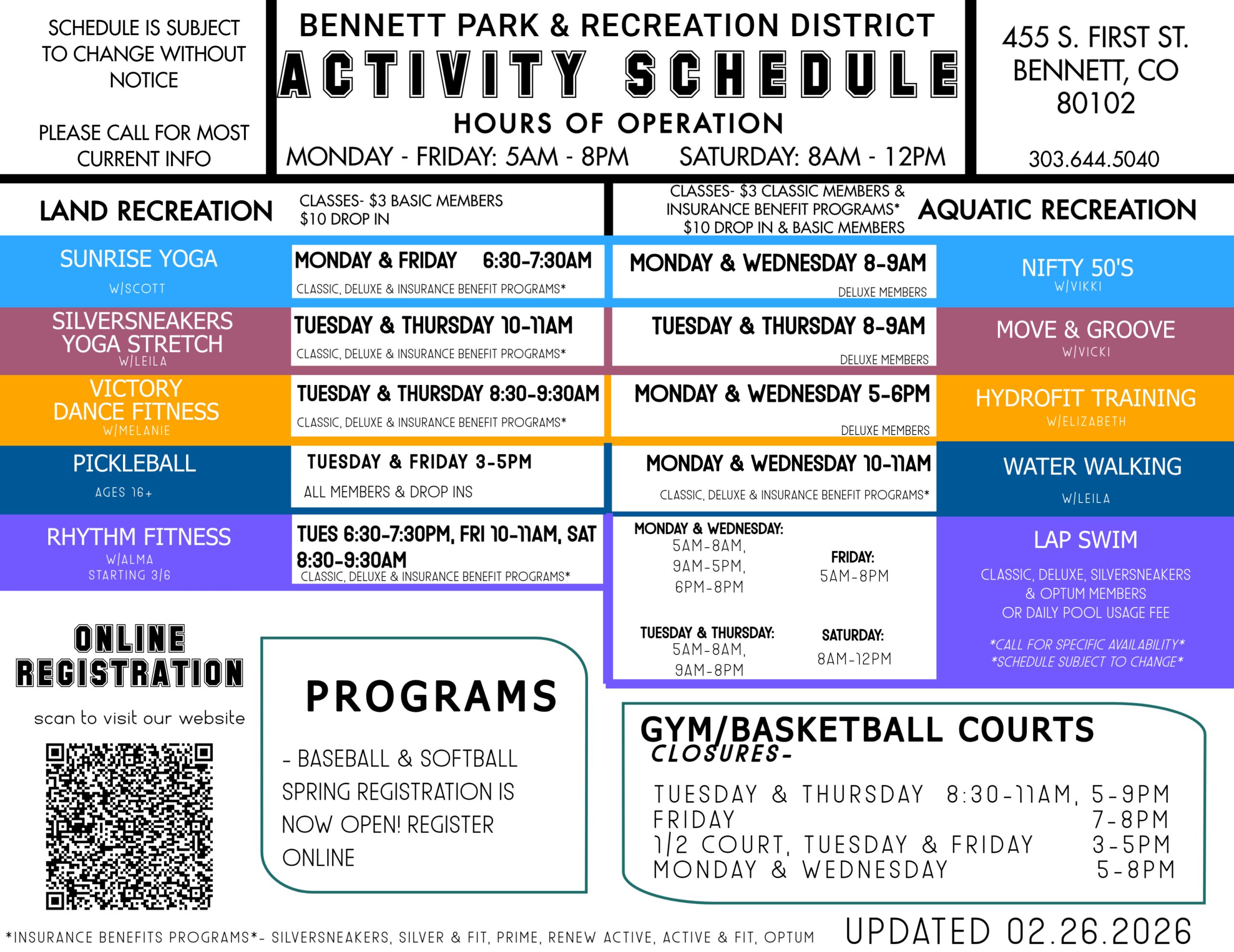 Schedule of activities at facility throughout the week